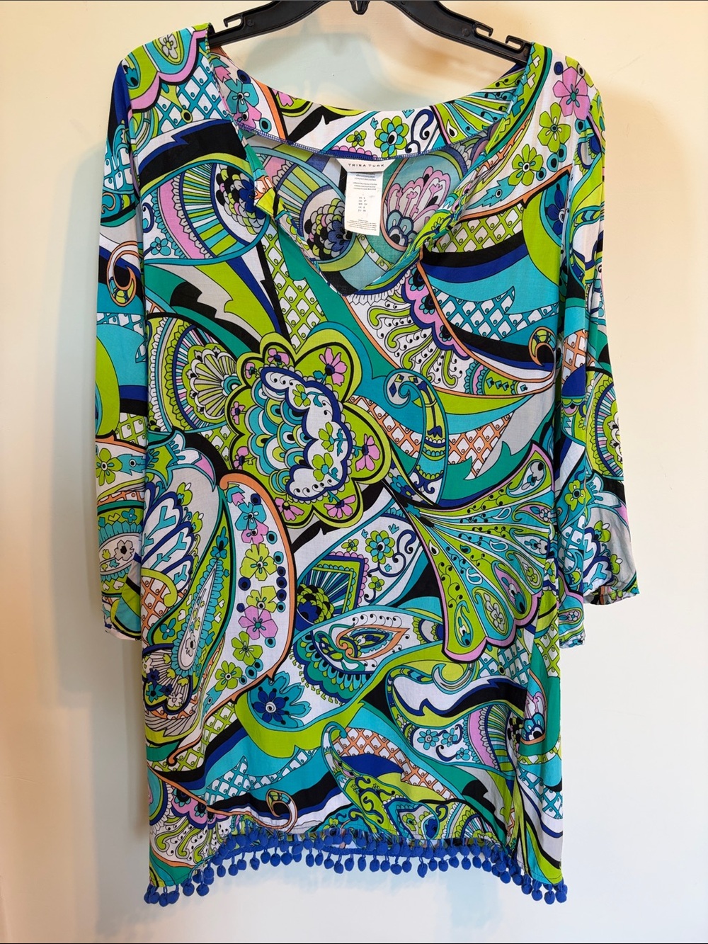 Trina Turk Nomad Paisley Swim Cover Up Tunic Pom Pom Trim Size S